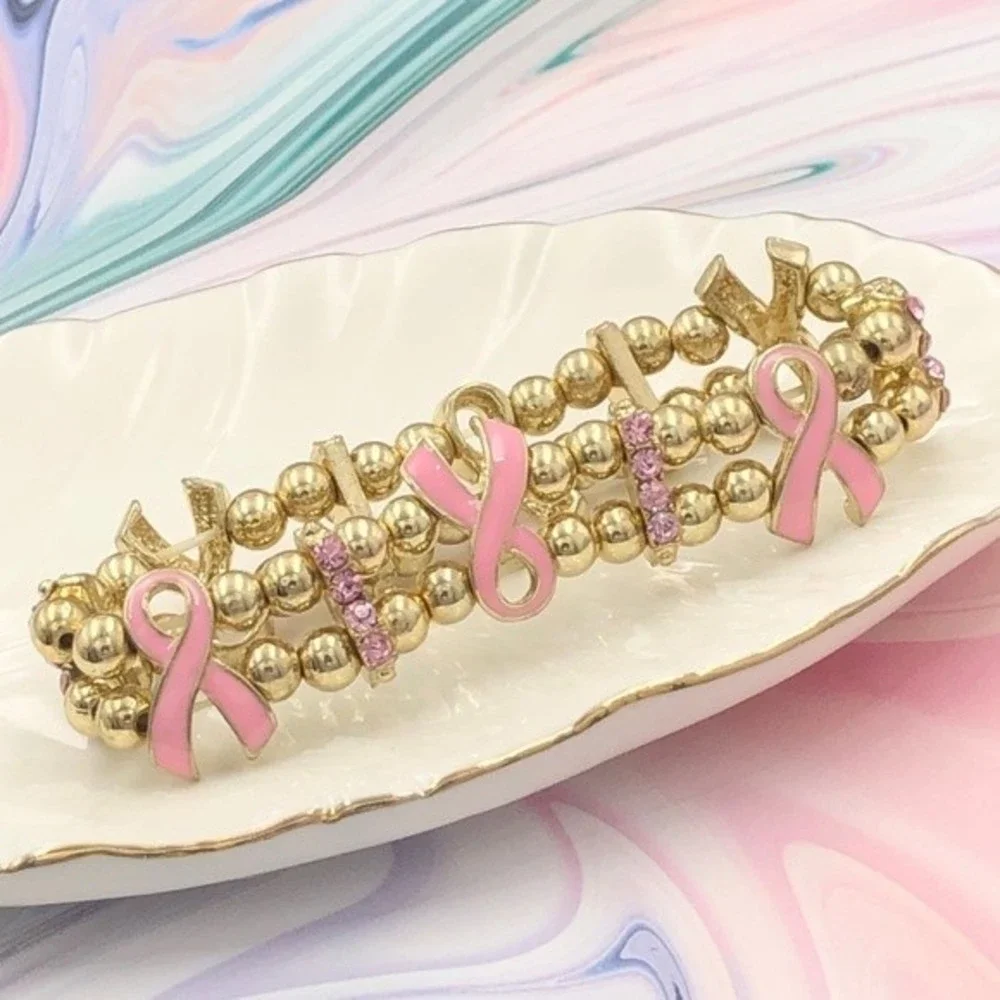 🌼 Pink Ribbon Gold 2 Row Stretch Bracelet